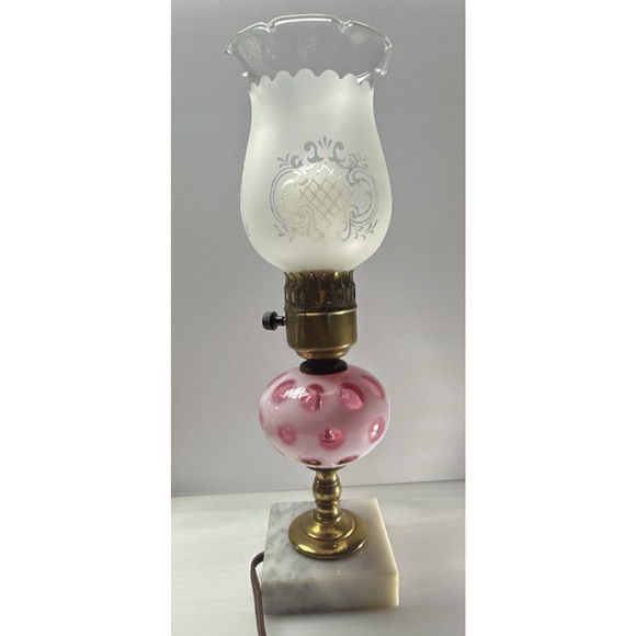 Vtg Fenton Cranberry Coin Dot Opalescent Marble Base Lamp Electric Marble Base - Picture 1 of 16